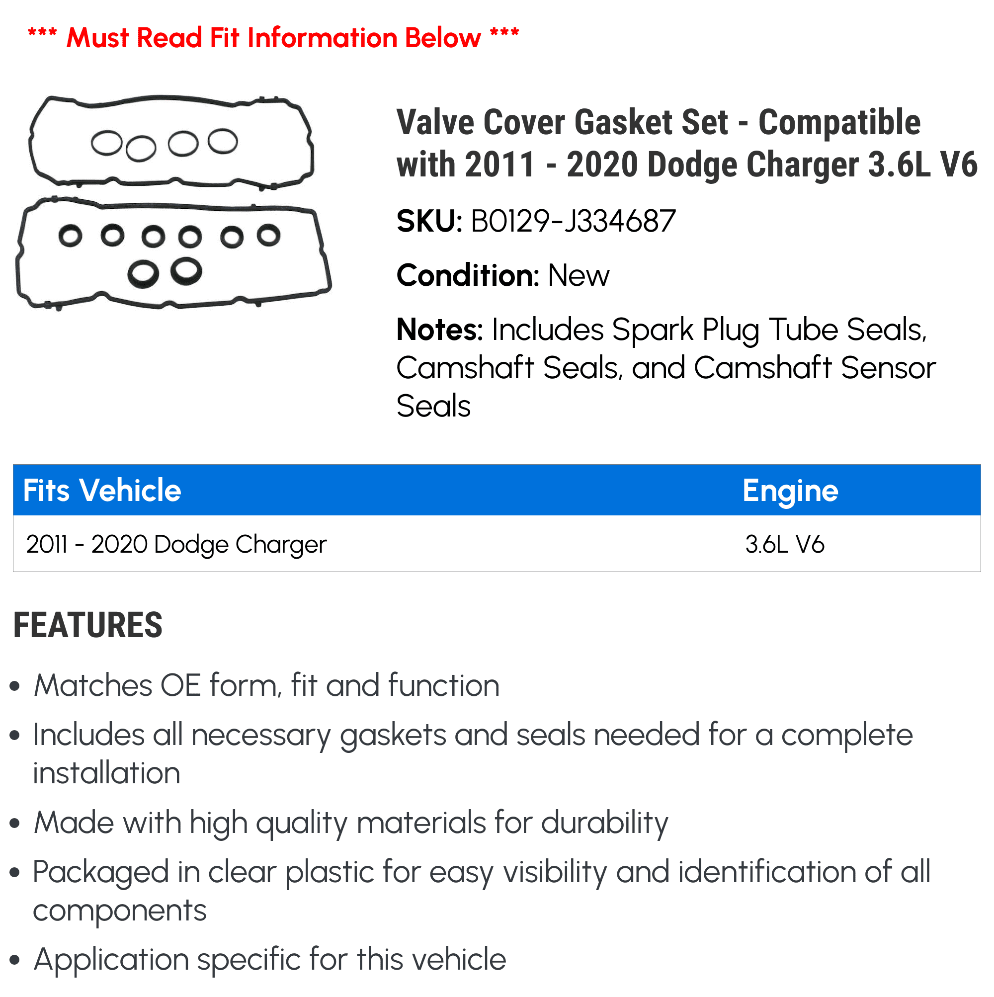Valve Cover Gasket Set - Compatible with 2011 - 2020 Dodge Charger 3.6L V6 - Beck Arnley