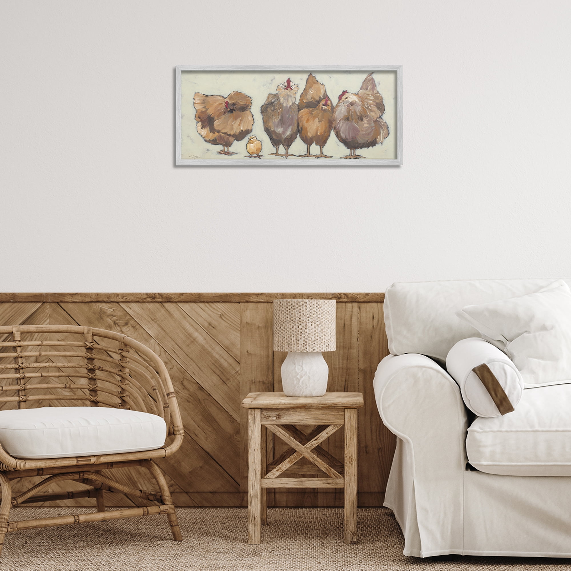 Stupell Industries Brown Hens and Chick Animals & Insects Painting Gray Framed Art Print Wall Art, 24 x 10