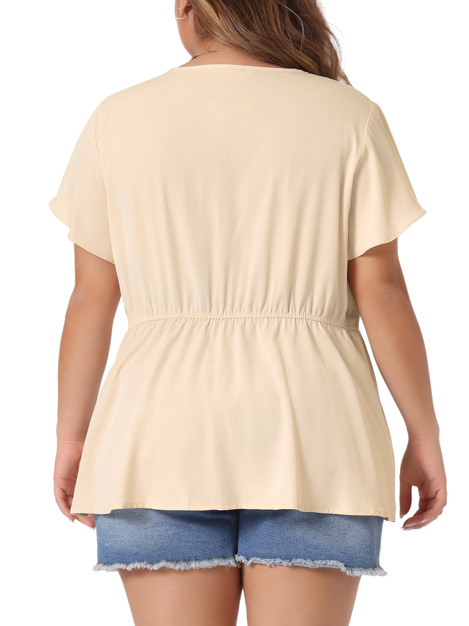 DARING DIVA Women's Plus Button Down V Neck Short Sleeve Flare Top 3X Beige