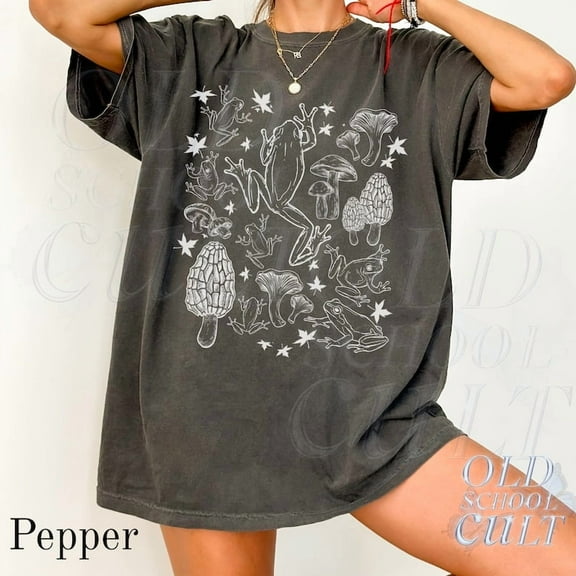 Frogs and Mushrooms Graphic Print T-Shirt | Vintage Forest Nature Tee | Retro Woodland Unisex Top