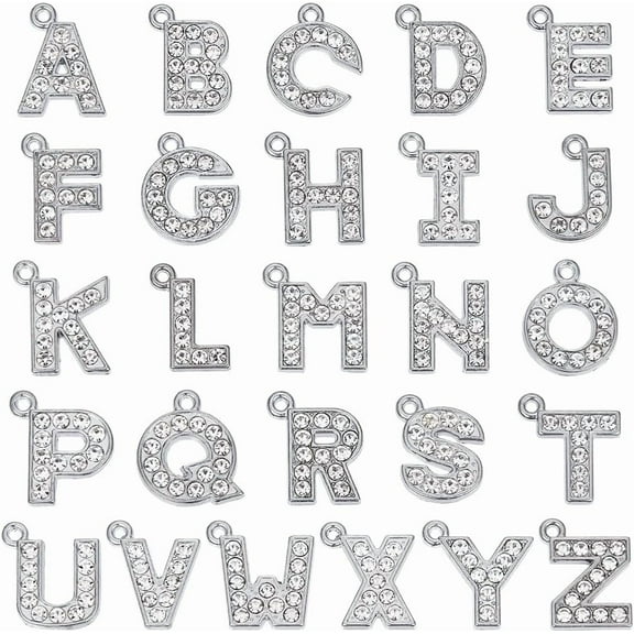 1 Box 26Pcs Rhinestone Alphabet Charms Alloy Letter Charms Bulk Large Silver Shiny Metal Crystal A to Z Shaped Letters Charms for Jewelry Making Charms Diy Bracelets Necklaces Earrings Women