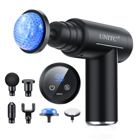 HUAUOO UNITC MINI MASSAGE GUN WITH HEAT AND COLD, DEEP TISSUE MESSAGER WITH 6 HEADS, GIFTS