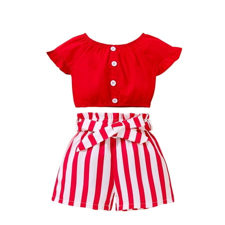 

Fesfesfes Toddler Baby Girl Outfits Bow Belt Stripe Short Sleeve Leisure Clothes Two-piece