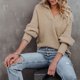 thumbnail image 4 of Suéter de punto con solapa para mujer con dobladillo suelto, jersey de manga larga con cuello en V para otoño e invierno, color caqui M, 4 of 8