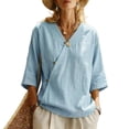 thumbnail image 3 of Women's V-Neck Asymmetrical Linen Blend Blouse - 3/4 Sleeve Casual Button Detail Tunic Top with Loose Fit, Lightweight Solid Boho Shirt for Summer & Vacation Light Blue L, 3 of 5