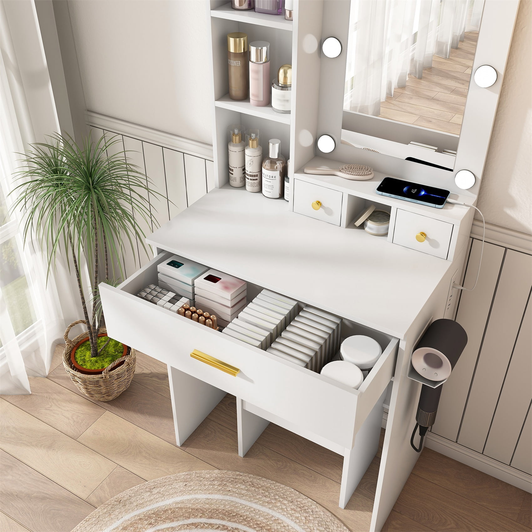 Alvantor Vanity Table and Stool Set with Mirror & Lights, White Finish, Power Outlet Included
