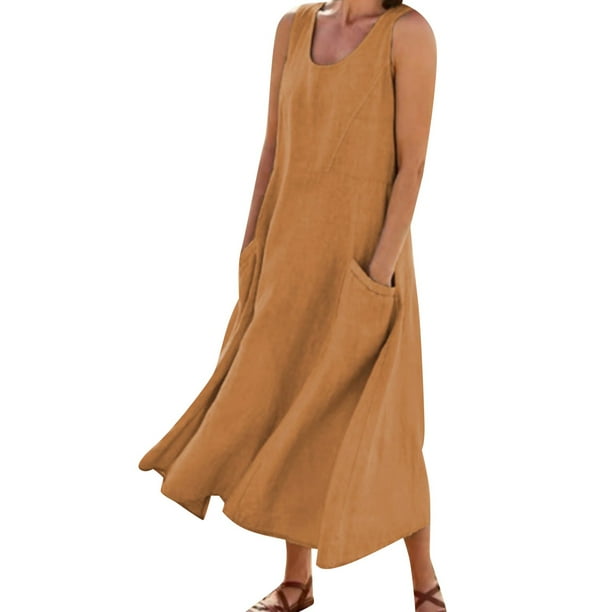 Vestido largo liso con cuello redondo y bolsillos para mujer: corte holgado informal, transpirable, adecuado para la playa, fiestas y el día a día, tallas S-XXL.