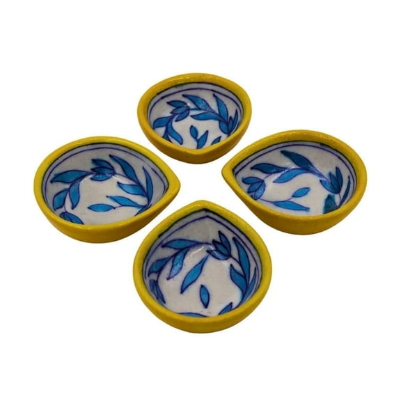 Natriel Yellow & Sky Blue Lotus Flower Blue Pottery Diyas – Set of 4 for Home Décor