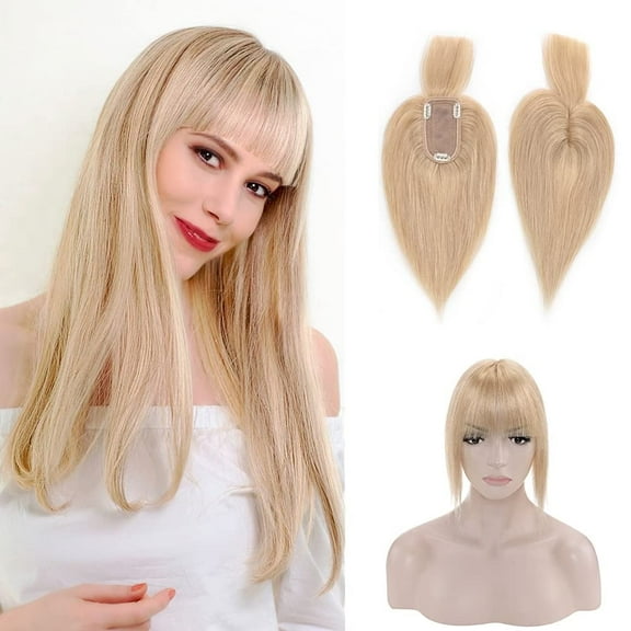 Loveternal Hairpiece 100% Real Human Hair Toppers with Bangs for Woman 14 inch（Natural Blonde）