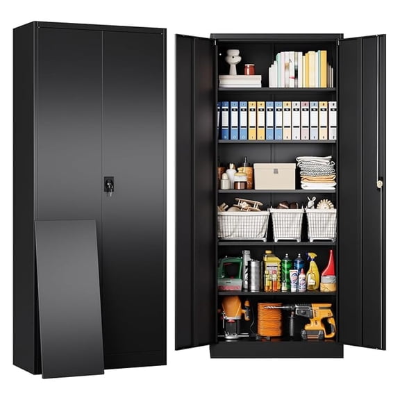 Metal Storage Cabinet with 2 Doors and 6 Shelves,71" Lockable Garage Storage Cabinet,Black Metal Cabinets with Lock,Locking Steel Cabinets for Home,Office,Garage,Shop,School