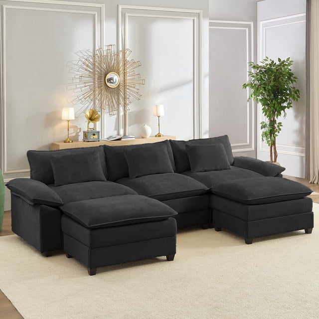 Puremind 118" Oversized Modular Sectional Sofa, Chenille U Shaped Cloud Couch, 30" Deep Seat Couch with Movable Ottomans for Living Room/Apartment, Dark Gray