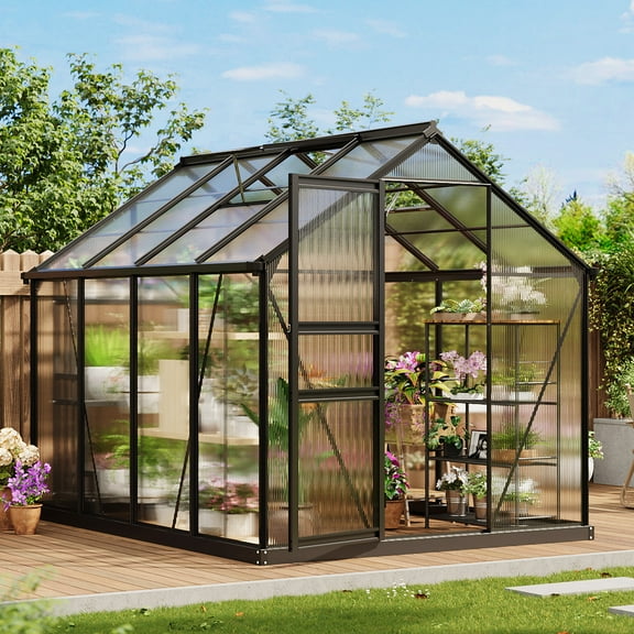 6x10 FT Greenhouse for Outdoors,Polycarbonate Flower Greenhouse with Roof Vent,Aluminum Walk-in Greenhouse with Lockable Hinged Door for Outside Garden Backyard, Patio