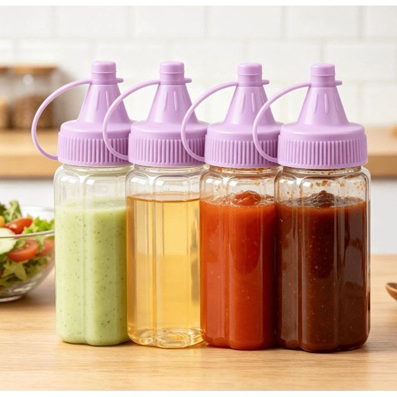 4Pcs Clear Plastic Squeeze Condiment Dispenser, Travel‑friendly Sauce Bottle with Flip‑Top Lid for Salad Dressing, Ketchup, Mustard and Liquid Seasonings (4Pcs|Purple)