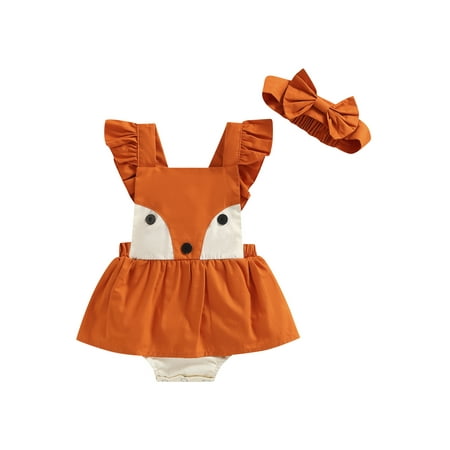 

Suanret Toddler Baby Girls Summer Outfits Cartoon Fox Square Neck Fly Sleeve Romper with Skirt Hem + Headband Reddish Orange 6-12 Months