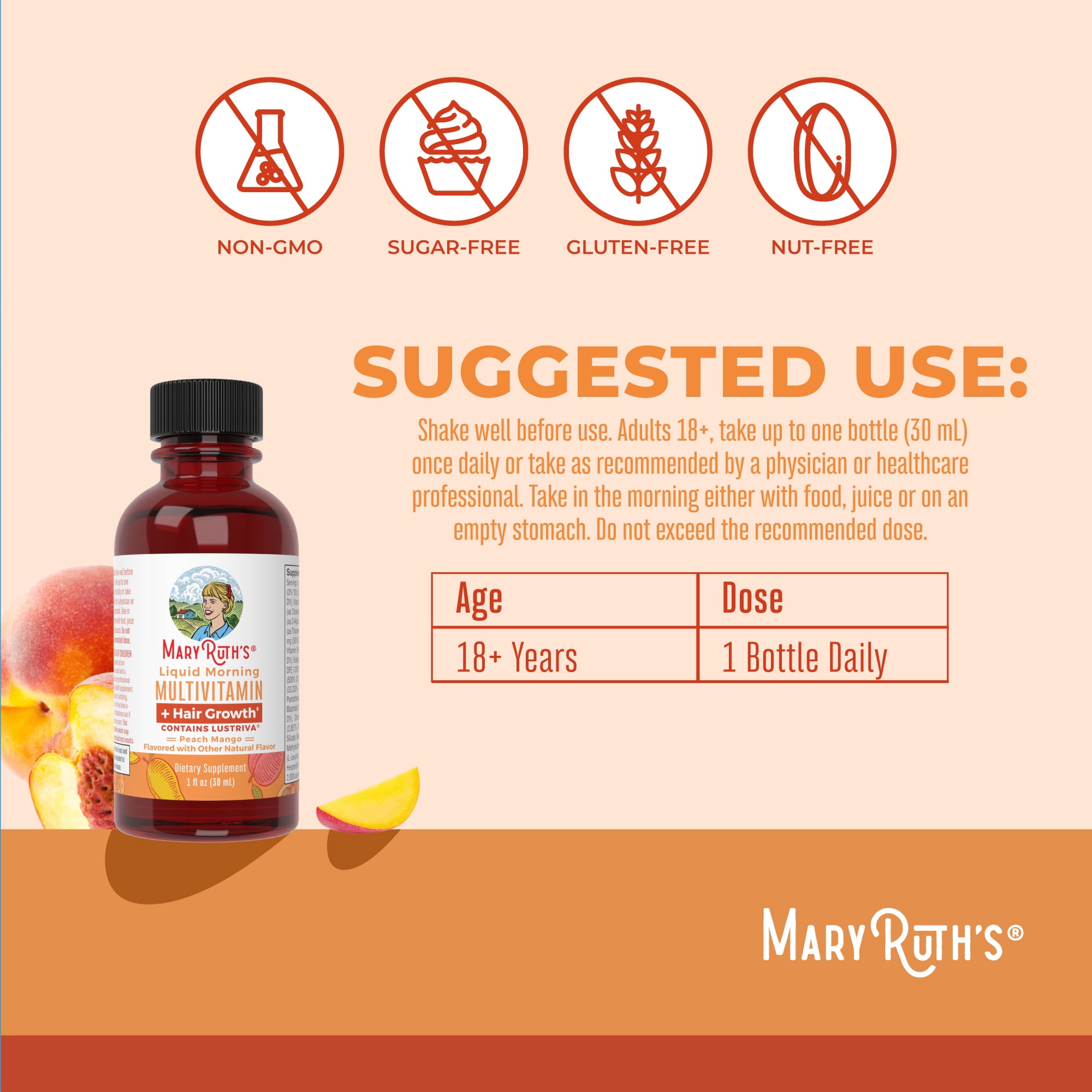 MaryRuth Organics Liquid Morning Multivitamin + Hair Growth, Peach Mango, 1 fl oz