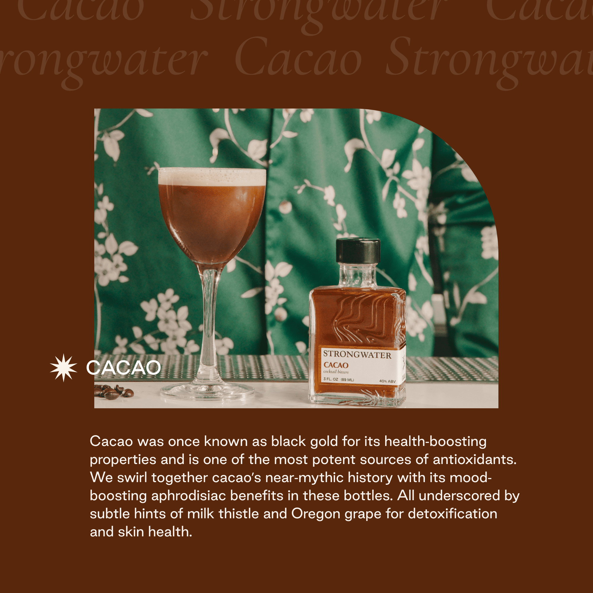 Strongwater Cacao Bitters (40 Servings) - Chocolate Bitters for Cocktails, Made with Roasted Cacao Nibs, Cherry Bark, Vanilla, & Almond - Pair with Bourbon, Vodka, Champagne, Coffee - 3oz, 1 Pack