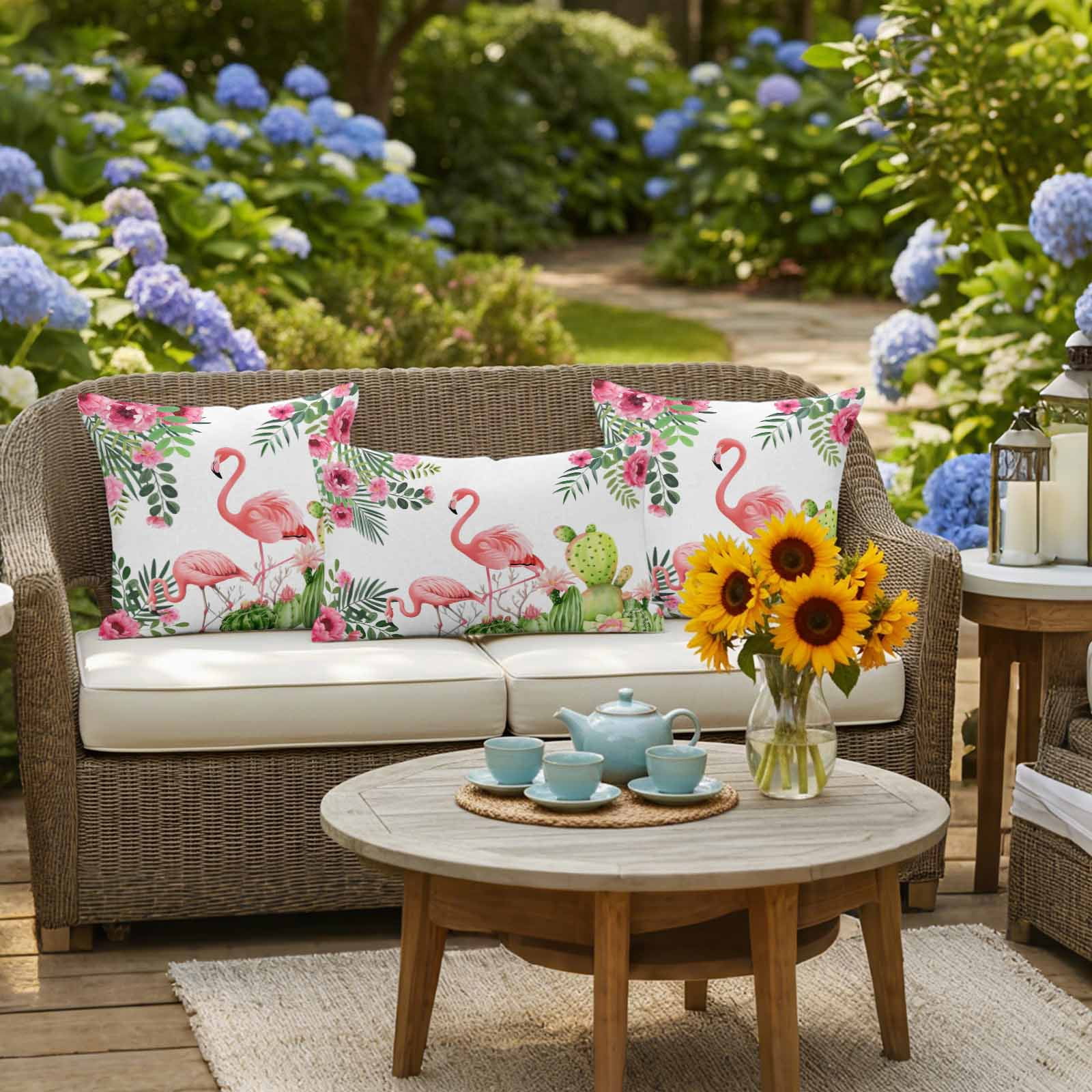 Outdoor Waterproof Throw Pillow Covers Set of 2 Pink Floral Flamingos Decorative Pillowcases Square Outdoor Pillows Cushion Case 16x16 Inch Summer Tropical Cactus Patio Pillows for Couch Sofa Bed