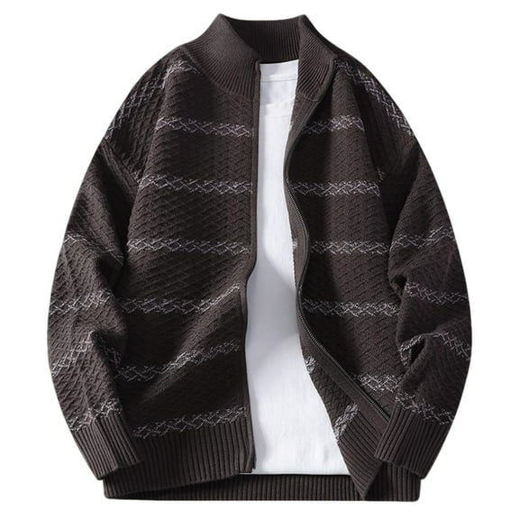 WRKEKC Knit Cardigan Men Fall and Winter Vintage Stripe Stand Collar Patchwork Loose Long Sleeve Knitted Outerwear Jacket