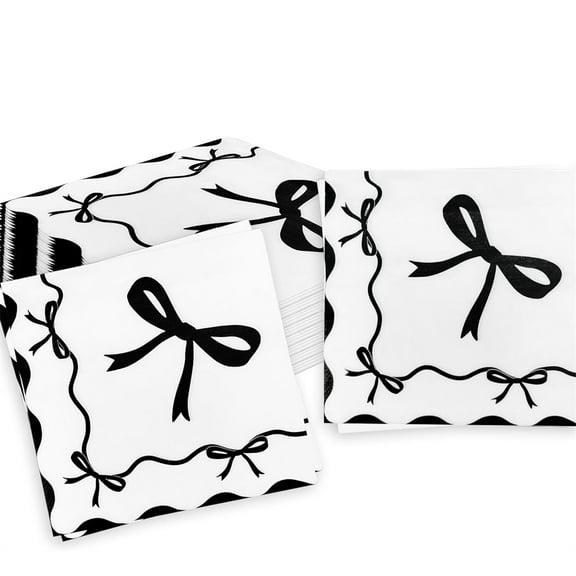 Scheam 40 Pcs Black Bow Cocktail Napkins Scalloped Edges Disposable Tissue Paper Cute Bowknot Dinner Napkins for Birthday Wedding Bridal Engagement Bachelorette Party Decorations