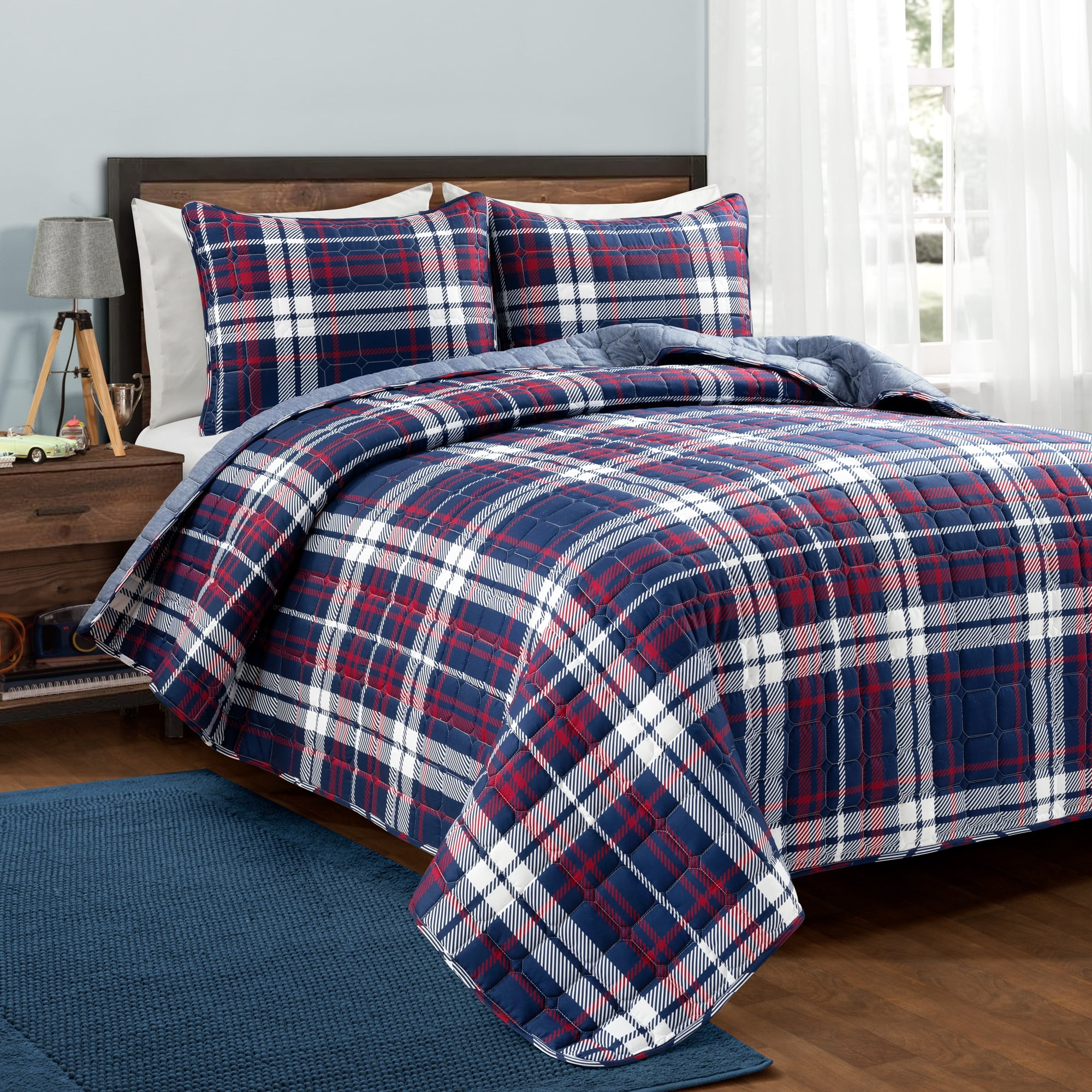 Grayson Farmhouse Plaid Reversible Quilt Navy/Red 3Pc Set Full Queen