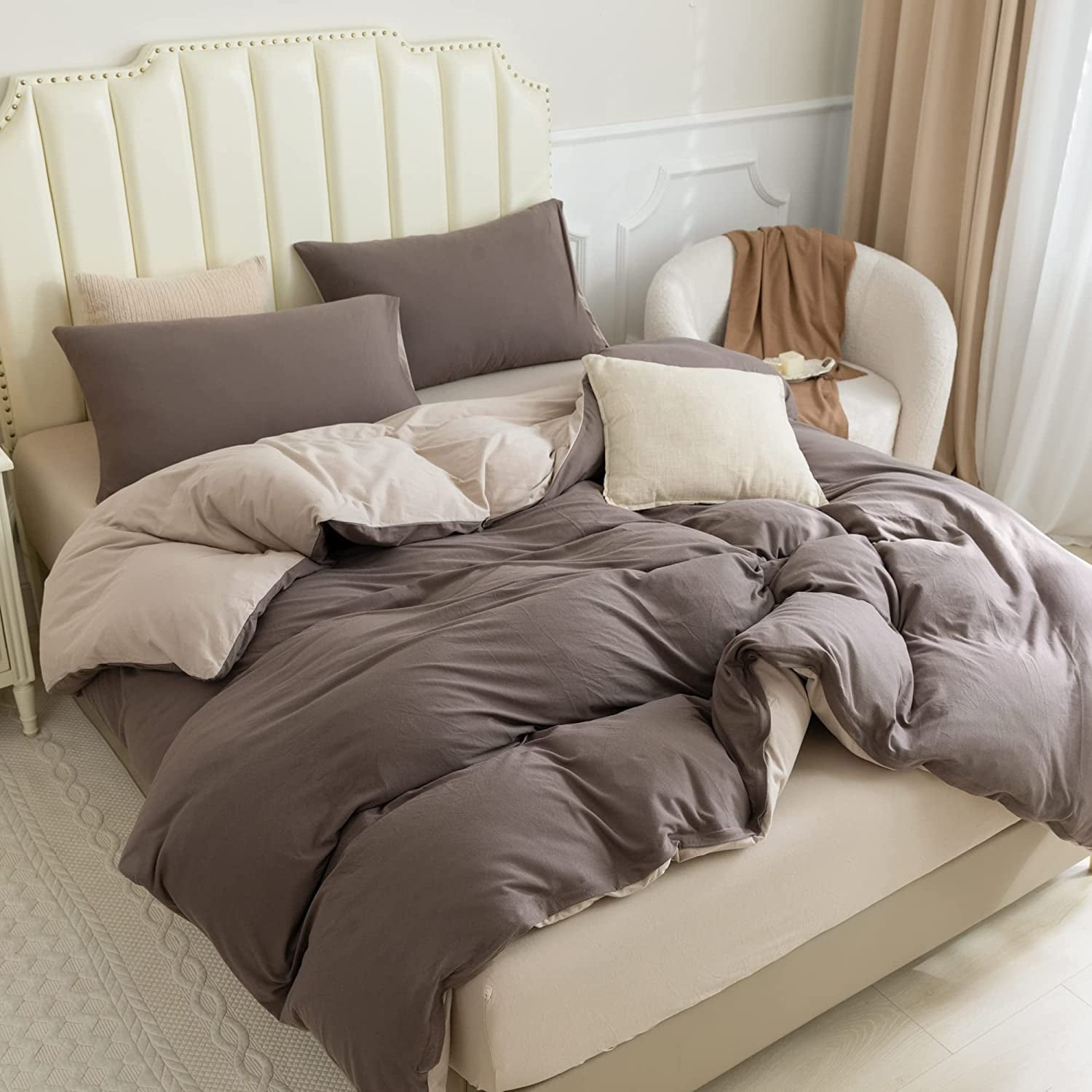 PURE ERA 3pc Duvet Cover Set-Jersey Knit Cotton 100% T-Shirt Cotton-Reversible Cover Super Soft Stretchy-King Size,Solid Brown/Tan