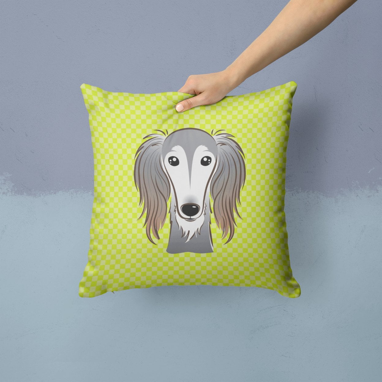 Caroline's Treasures BB1291PW1414 Checkerboard Lime Green Saluki Canvas Fabric Decorative Pillow , 14Hx14W, multicolor