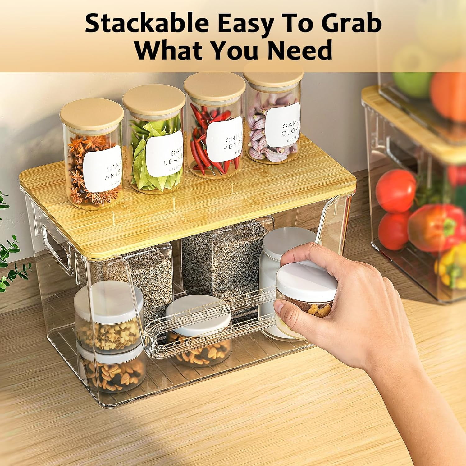 Potato Storage Bin, LazySpin Onion Holder Stackable Kitchen Pantry Organizer with Bamboo Lid 2 Pack, Clear