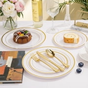 Daluvenix 350 Gold Plastic Dinnerware Set for 50 Guests, Gold Plastic Plates for Party, 50 Disposable Plates, 50 Dessert Plates, 50 Napkins with Silverware, 50 Cups
