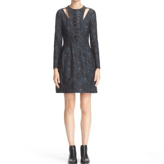 YIGAL AZROU?L Women's Knit Jacquard Dress with Leather and Grommet Lacing, Pine Multi, 8