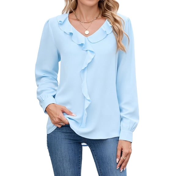 Womens Dressy Casual Blouse Business Long Sleeve Tops Ruffle V Neck Work Shirt 2025  Blue S