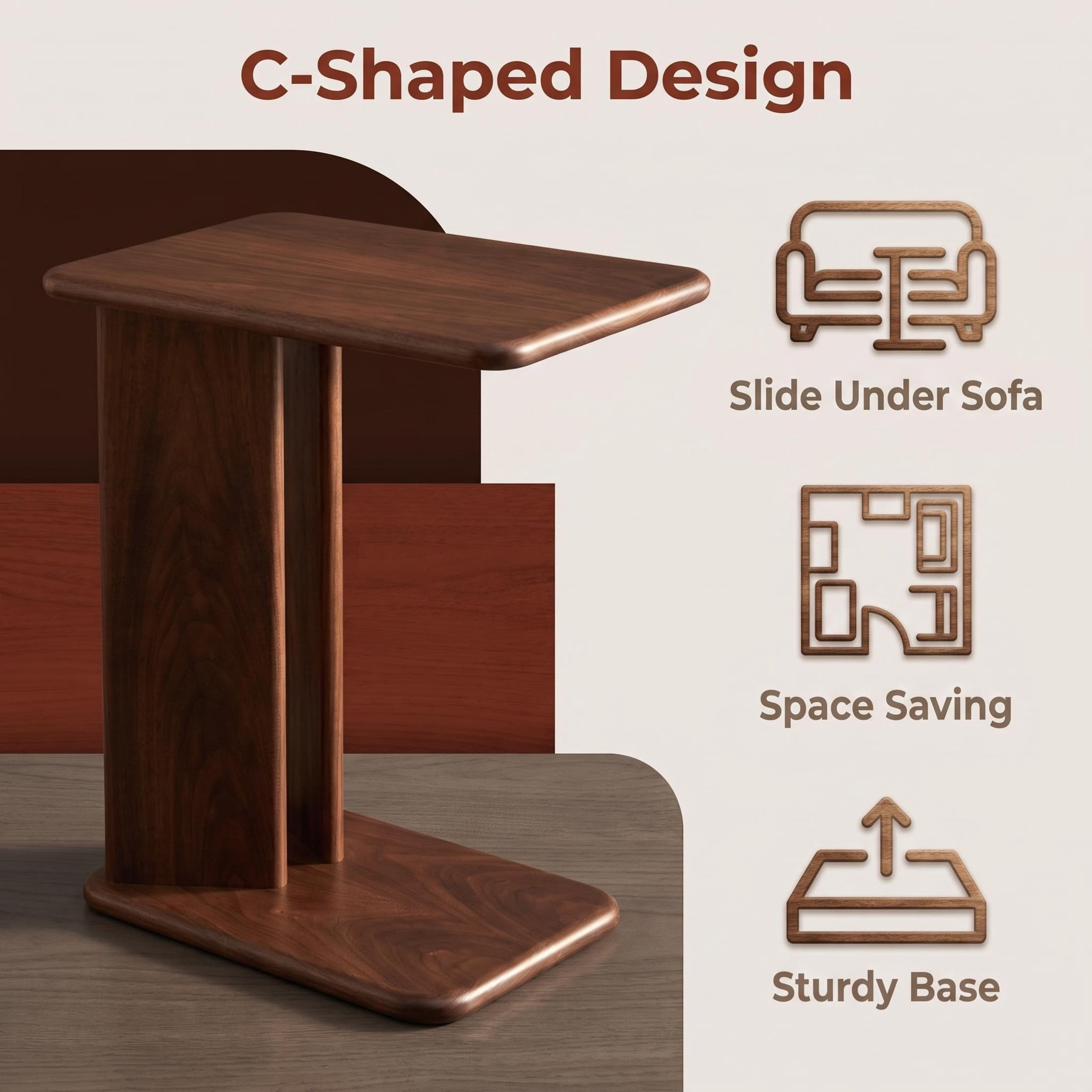 GDF Studio 23.6" Modern C-Shaped Side Table with 2-Tier Storage Shelves, Walnut
