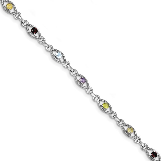Sterling Silver 7in Rhod Plated Multicolored Gemstone Link Bracelet 7 Inch "Bracelets