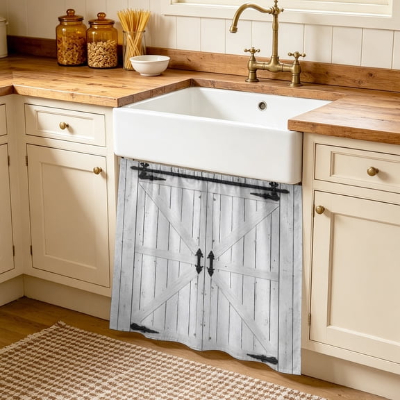 Farmhouse Wood Grain Cabinet Curtains 35"W x 35"L, Vintage Country Barn Gate Grey Sink Skirt for Bathroom Vanity Kitchen Self Adhesive, Dust-Proof Privacy Curtain for Shelves Closet Laundry Pantry