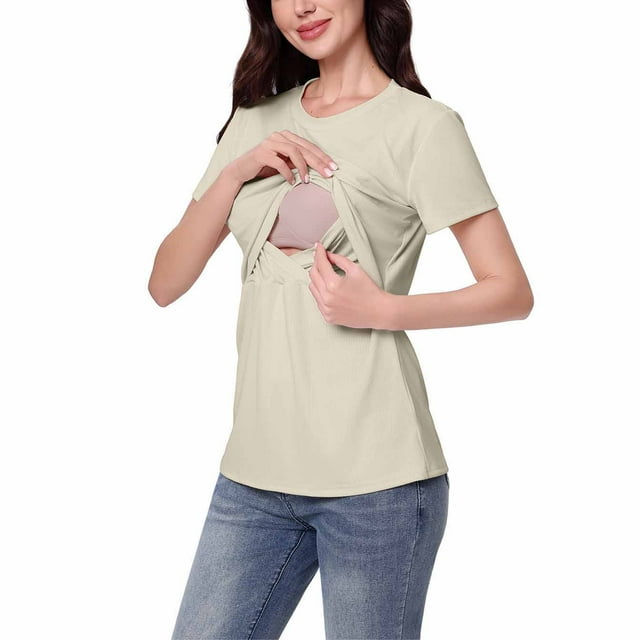 Grrvtrz Chemise de Maternité Col Rond Manches Courtes Tuniques Hauts d'Été Décontractés T-Shirts Double Couche Allaitement
