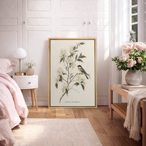 Framed Canvas Wall Art Vintage Bird Blossom Botanical Print for Living Room Decoration - 16"x24" NATURAL