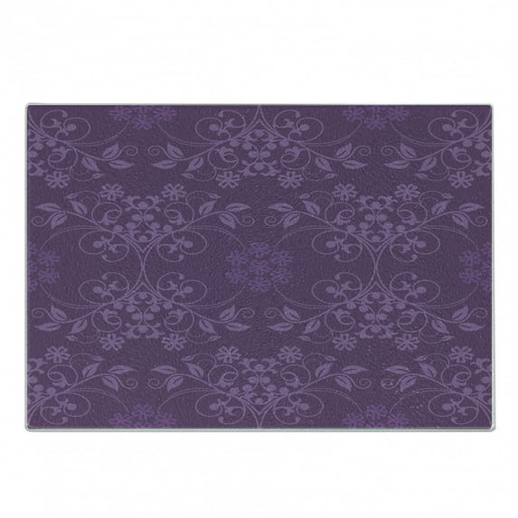 Eggplant Cutting Board, Gorgeous Well-Formed Flowers on Purple Background Damask Floral Arrangement Ornament, Decorative Tempered Glass Cutting and Serving Board, Small Size, Violet, by Ambesonne