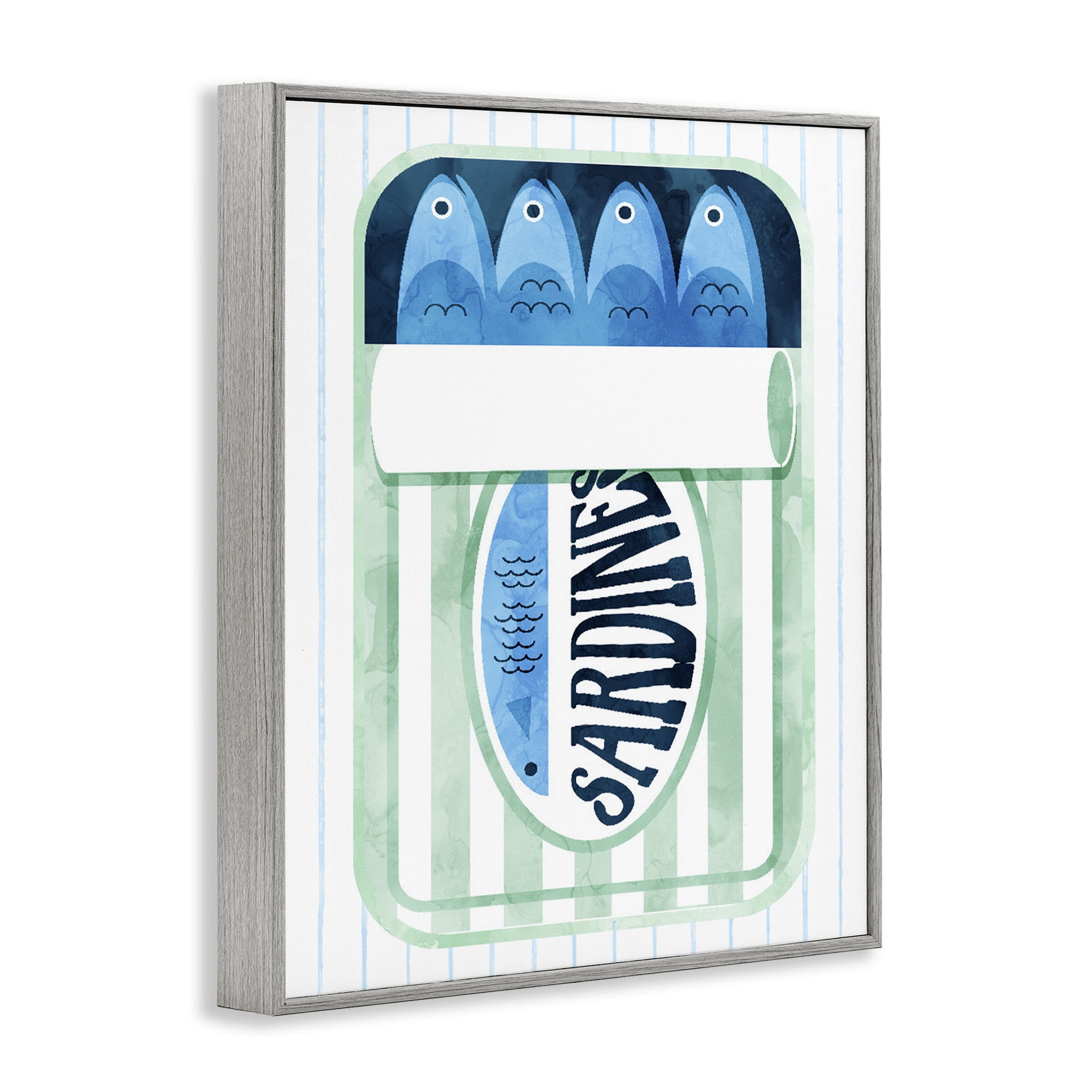 Seafoam Sardine Tin over Stripes Gray Framed Giclee Art, design by Daphne Polselli