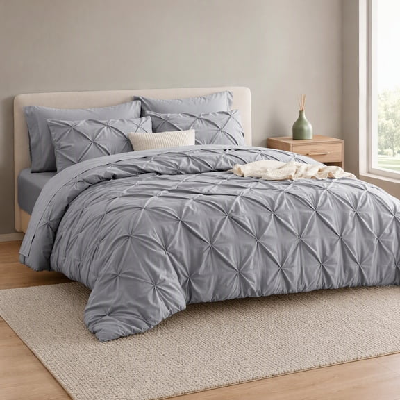 King Size Grey 7 Piece Bed in a Bag Bedding Set, Pintuck All Season Down Alternative Comforter Set with Sheets, Pillowcases and Shams