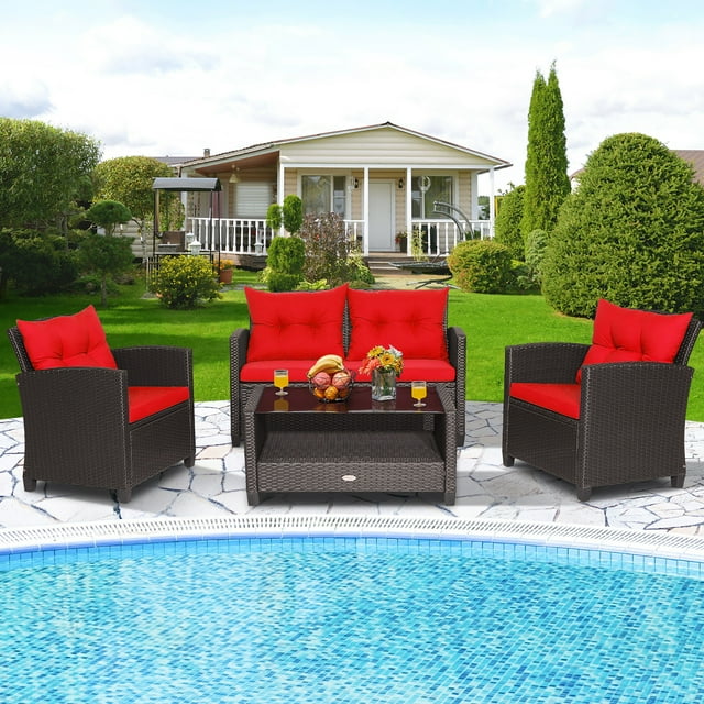 Costway Ensemble de Mobilier de Patio en Rotin 4 Pcs Table en Verre Étagère Canapé Coussin Rouge