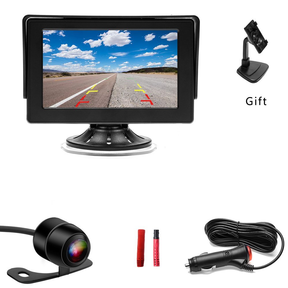 AMPrime Camecho Car Backup Camera System, 4.3 Inch Monitor + Mini Mirror View Camera, 20ft AV