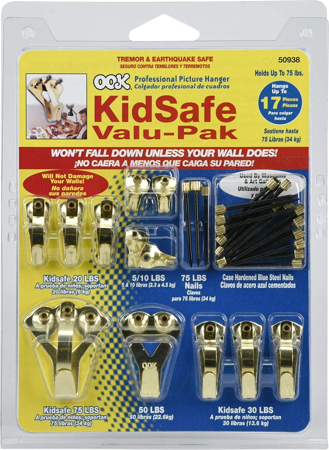 FEFEFW-535862 Picture Hangers, Art Hangers, Kid Safe, Brass, Reusable Picture Hooks, 10-75lb (Value Pack)