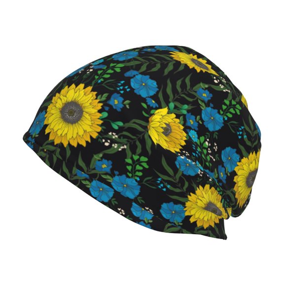 Logiee Sunflowers And Blue Flower Print Unisex Knit Beanie for Men Women Winter Hat,Beanies Skull Caps