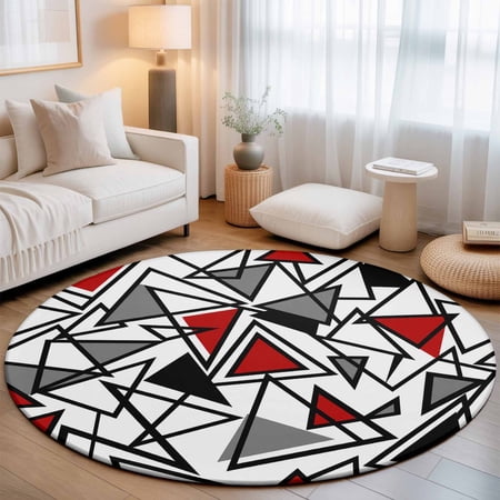 Round Area Rug 7ft Red Black Geometric Triangle Living Room Rug Non-Slip Washable Circle Rugs Pad Modern Abstract Style Soft Floor Carpet for Bedroom Dining Room