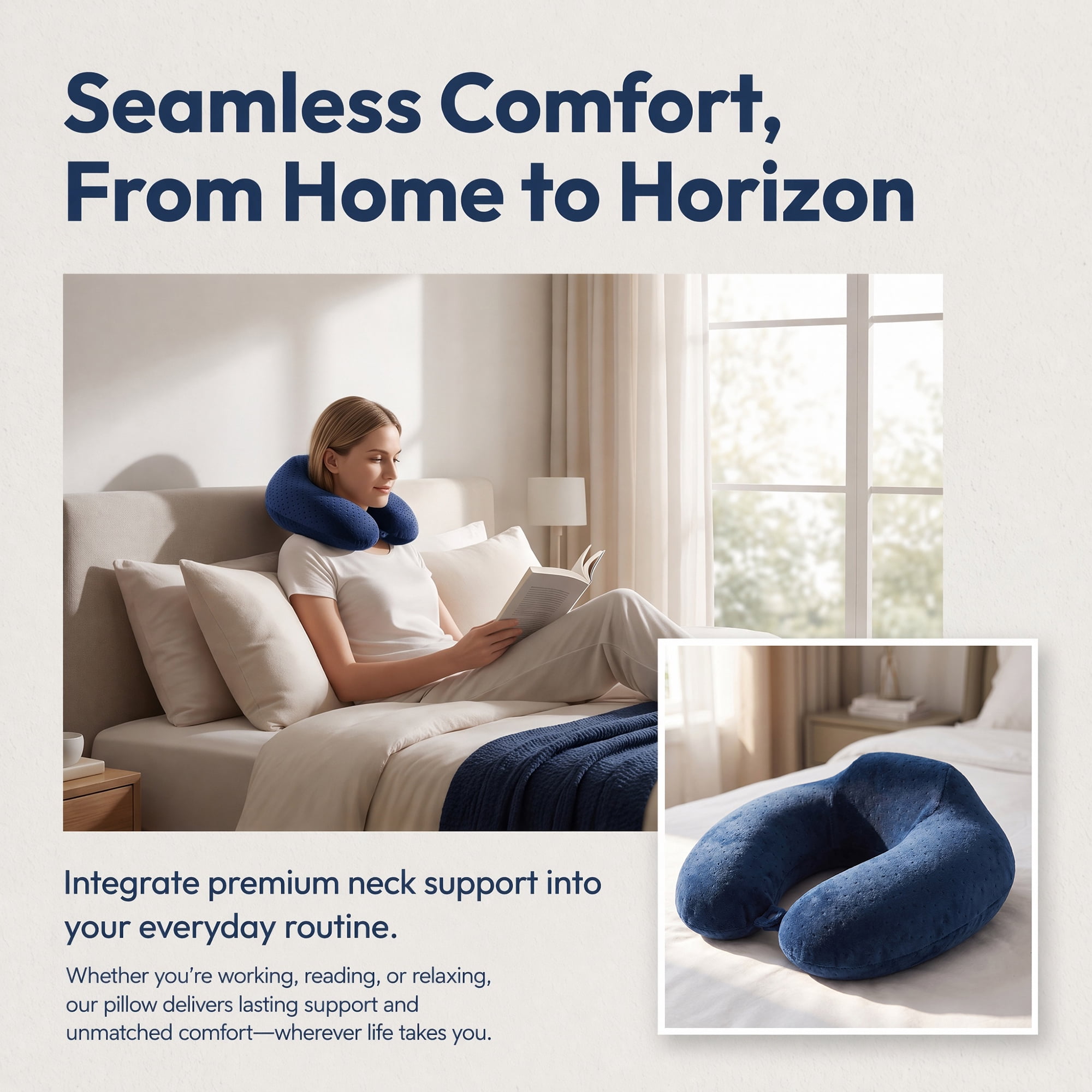 Unique Bargains Memory Foam Neck Pillow U Shape with Snap Closure Navy blue 12"x12"x5"