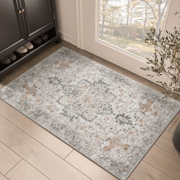 KUETH 2'x3' Area Rugs for Living Room, Machine Washable Rugs, Non Slip Vintage Lightweight Indoor Rug, Ultra Thin Low Pile Chenille Print Rug for Entrance Bedroom Dining Room Home Office