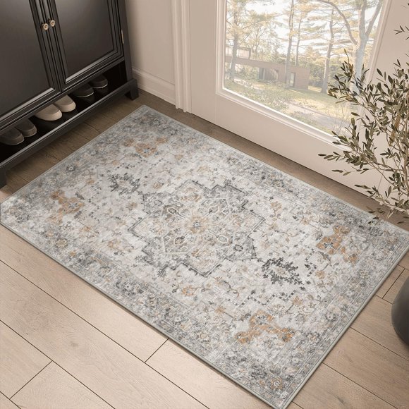 KUETH Tapis de 2 Pieds X 3 Pieds pour Salon, Tapis Lavables à la Machine, Tapis d'Intérieur Vintage Antidérapant et Léger, Tapis Ultrafin à Poils Courts en Chenille Imprimée pour Entrée Chambre Salle à Manger Bureau à Domicile