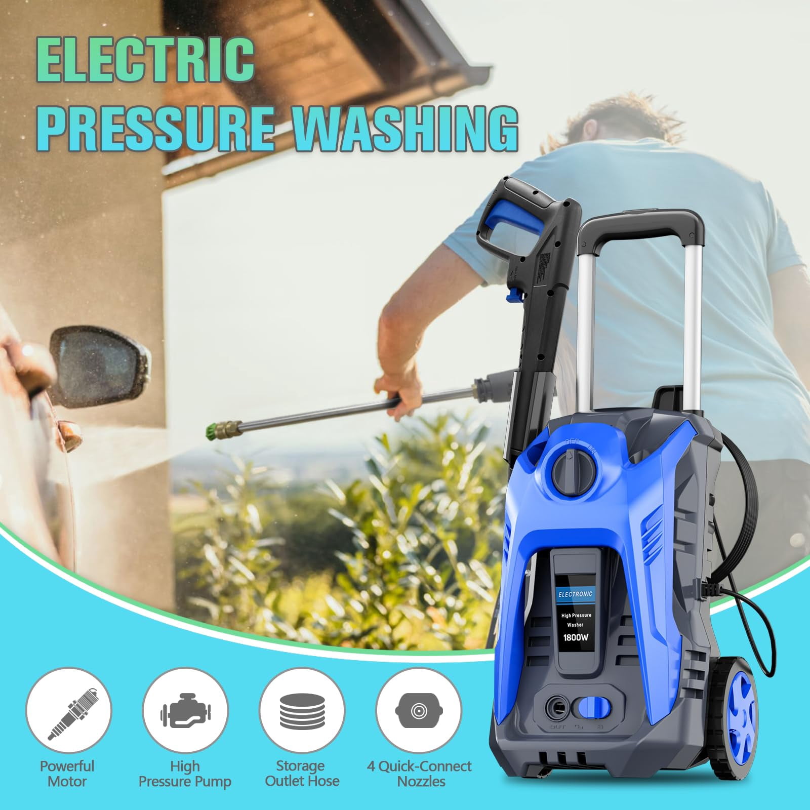 Electric Pressure Washer 4800 PSI 2.9 GPM Electric Power Washer with 25 FT Hose, 16.4 FT Power Cord, Soap Tank Car Wash Machine Blue Ideal Cleaning for Patio
