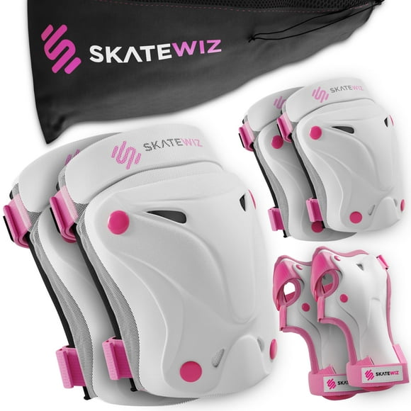 SKATEWIZ Knee and Elbow Pads Adult - Skating Protective Gear, Knee Pads and Elbow Pads Set - PROTECT-1 - Size L Pink White - Knee and Elbow Pads for Women, Elbow and Knee Pads A