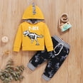 thumbnail image 3 of Kucnuzki Newborn Baby Boys Pant Sets Fall Dinosaur Print Long Sleeves Hooded Top Elastic Pants 2pcs Baby Boys Outfits Yellow 6-12 Months, 3 of 8