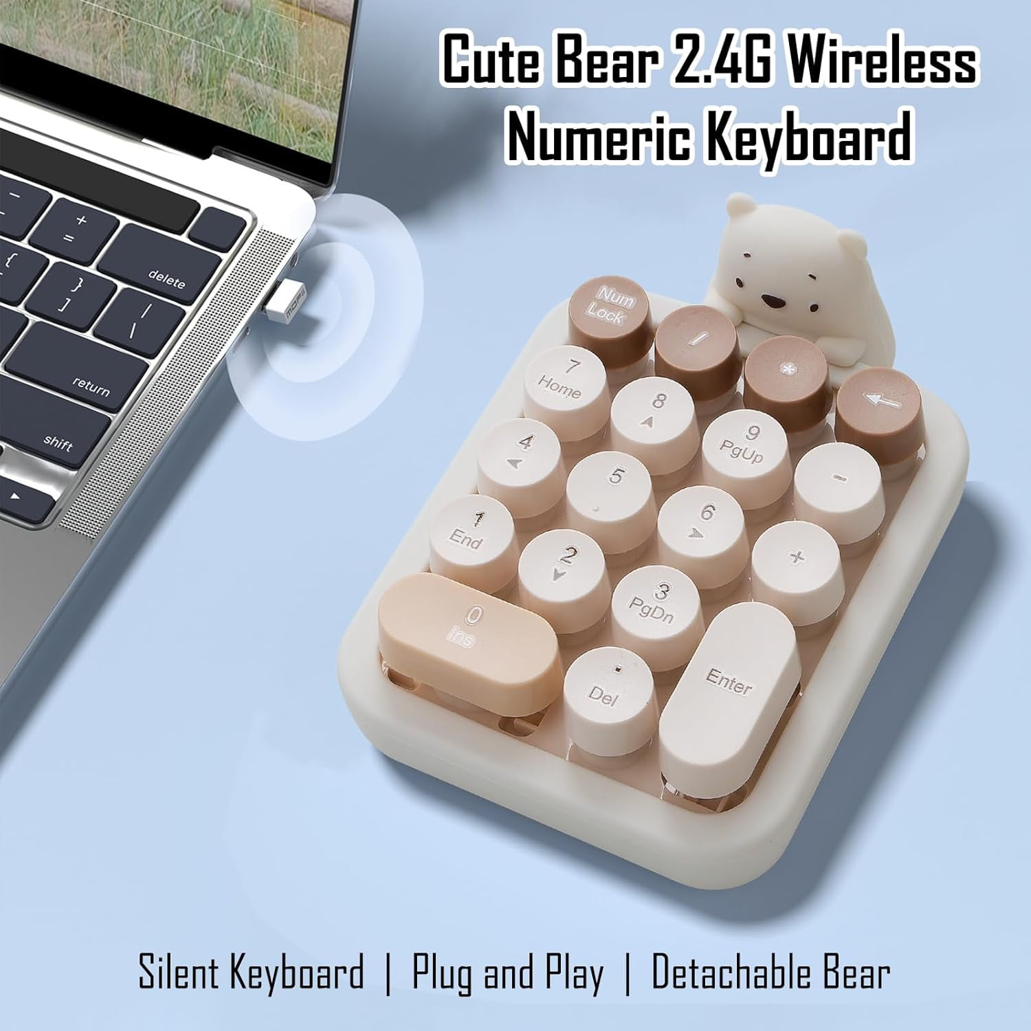 Cute Wireless Numeric Keypad with Silicone Bear, Colorful Round Keycaps, 2.4G USB Wireless Connection, Portable Financial Accounting Numpad Number Keyboard, Suitable for PC, Laptop (MilkTea)